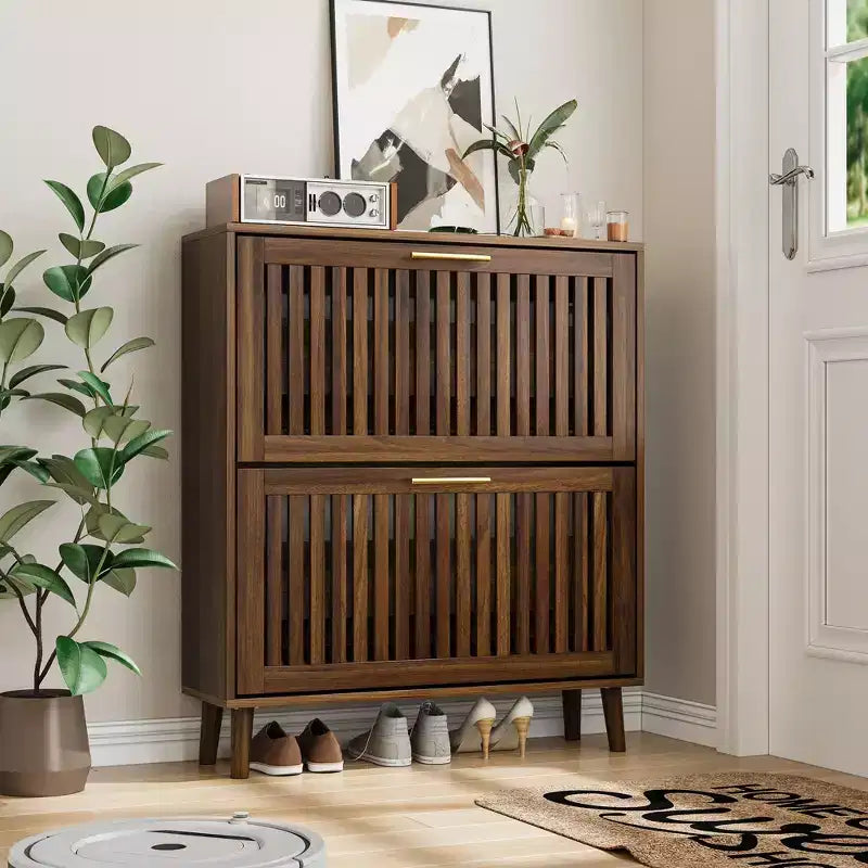 JVNOXK Meuble à chaussures à lattes de noyer de 31,5 pouces, design autoportant moderne du milieu du siècle avec 2 tiroirs rabattables, idéal pour les couloirs
