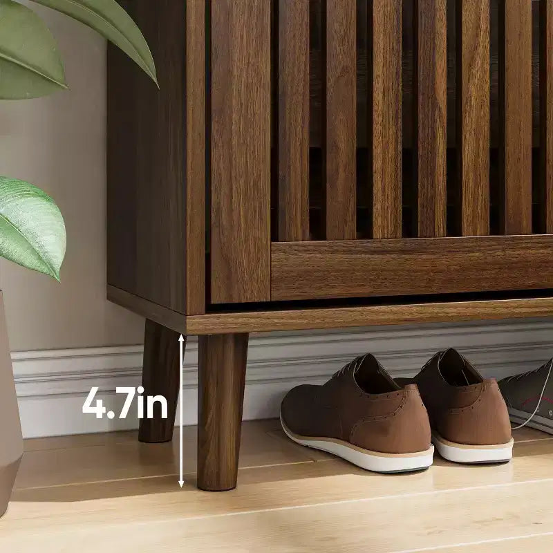 JVNOXK Meuble à chaussures à lattes de noyer de 31,5 pouces, design autoportant moderne du milieu du siècle avec 2 tiroirs rabattables, idéal pour les couloirs