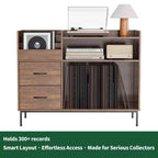 JVNOXK Meuble de rangement pour disques de style médiéval moderne avec tiroirs Combinaison de rangement fonctionnel, peut contenir plus de 500 albums Meuble audio robuste en bois et métal