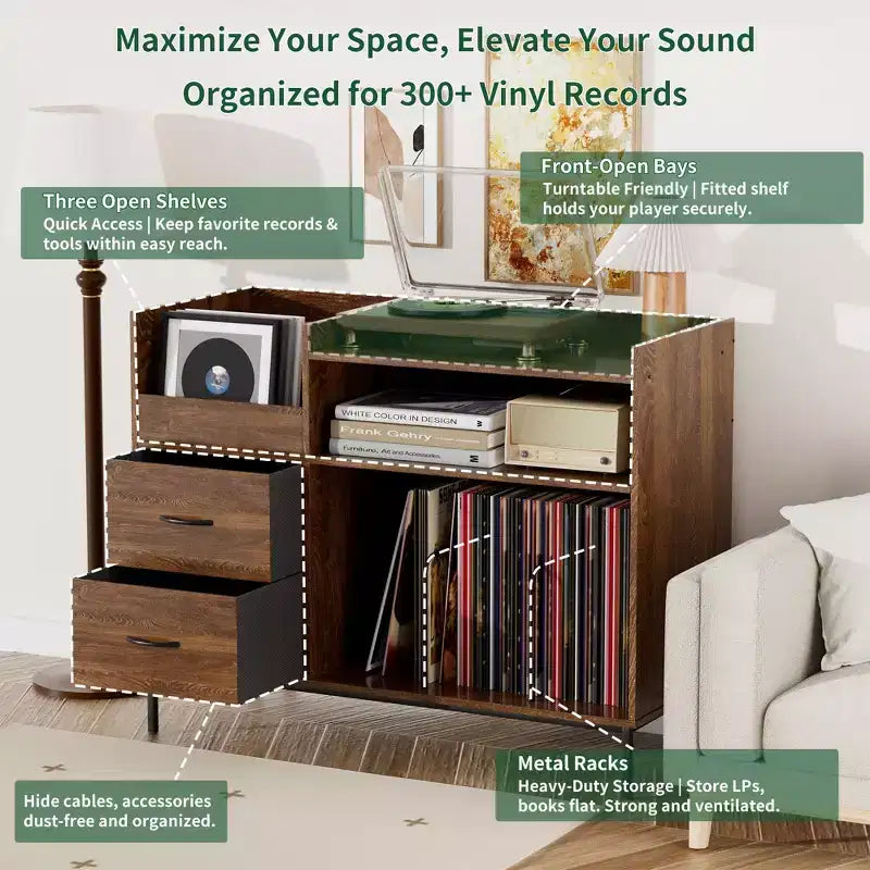 JVNOXK Meuble de rangement pour disques de style médiéval moderne avec tiroirs Combinaison de rangement fonctionnel, peut contenir plus de 500 albums Meuble audio robuste en bois et métal