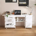 JVNOXK 57.5-inch foldable desk with locking casters, multi-tier storage workbench featuring shelves, storage bins, and cabinetry, white