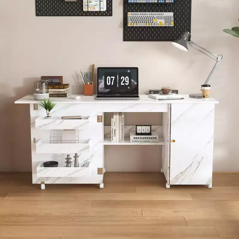JVNOXK 57.5-inch foldable desk with locking casters, multi-tier storage workbench featuring shelves, storage bins, and cabinetry, white