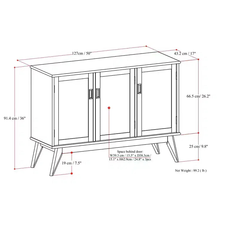 Tierney BUFFET en BOIS MASSIF de 50 pouces de large, rectangulaire, moderne du milieu du siècle, avec 3 portes