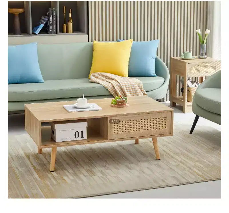 Table basse en rotin 41,34 en bois massif + MDF, couleur bois
