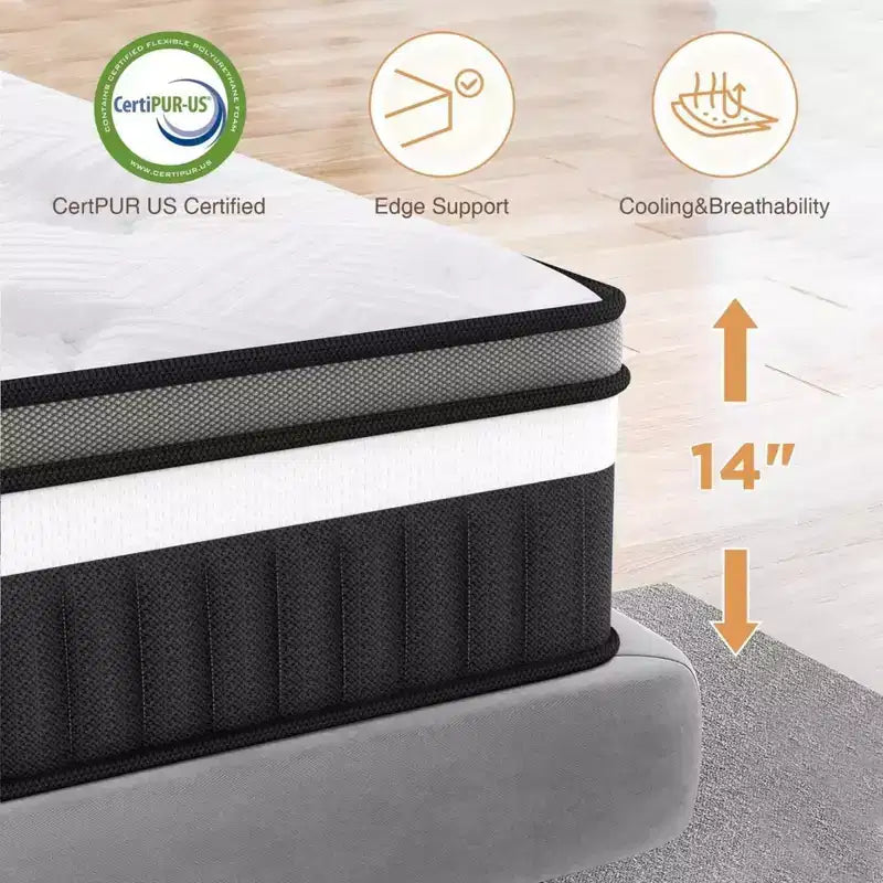 Matelas hybride Queen 14 po en boîte avec mousse mémoire en gel, sensation moyenne, soulagement de la pression, doux pour la peau, isolation des mouvements, certifié CertiPUR-US