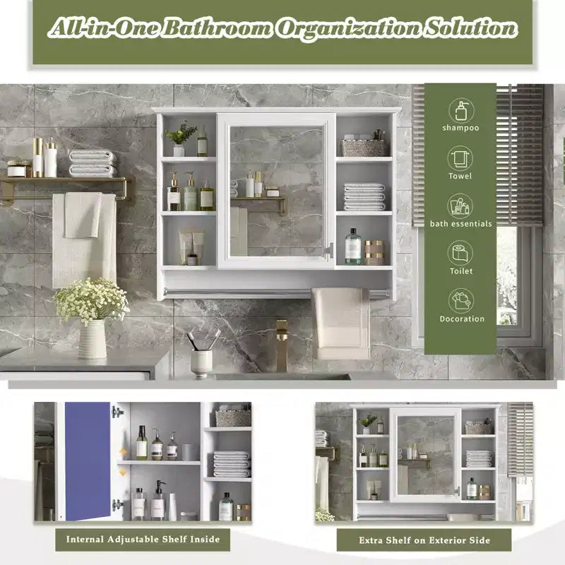 Meuble haut de salle de bain de 91 cm, armoire à pharmacie murale avec porte-serviettes et étagères ouvertes, meuble de rangement mural flottant au-dessus des toilettes pour la salle de bain