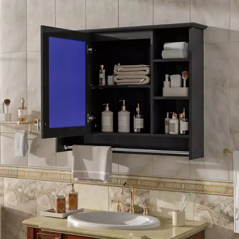 Meuble haut de salle de bain de 91 cm, armoire à pharmacie murale avec porte-serviettes et étagères ouvertes, meuble de rangement mural flottant au-dessus des toilettes pour la salle de bain
