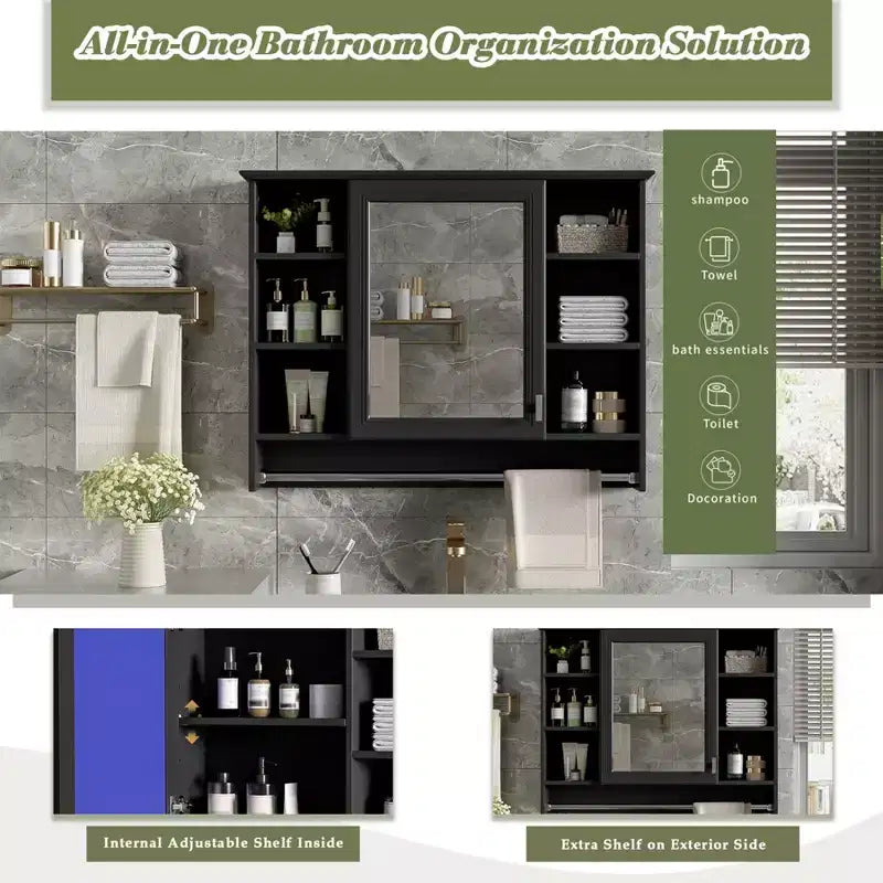 Meuble haut de salle de bain de 91 cm, armoire à pharmacie murale avec porte-serviettes et étagères ouvertes, meuble de rangement mural flottant au-dessus des toilettes pour la salle de bain