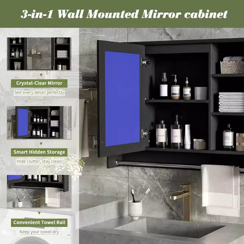 Meuble haut de salle de bain de 91 cm, armoire à pharmacie murale avec porte-serviettes et étagères ouvertes, meuble de rangement mural flottant au-dessus des toilettes pour la salle de bain