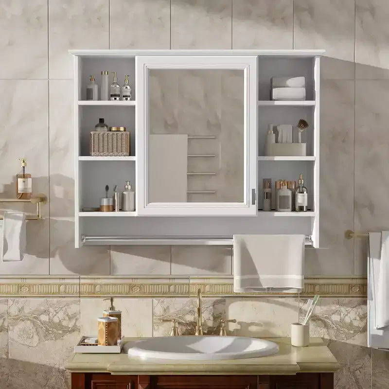 Meuble haut de salle de bain de 91 cm, armoire à pharmacie murale avec porte-serviettes et étagères ouvertes, meuble de rangement mural flottant au-dessus des toilettes pour la salle de bain