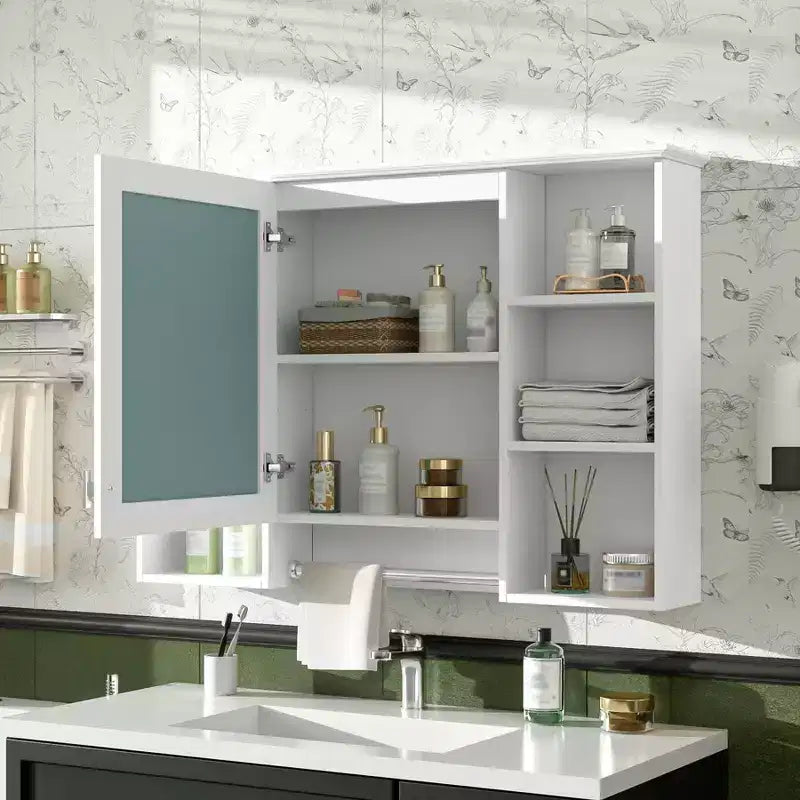 Meuble haut de salle de bain de 104 cm, armoire à pharmacie murale avec porte-serviettes et étagères ouvertes, meuble de rangement suspendu au-dessus des toilettes pour salle de bain