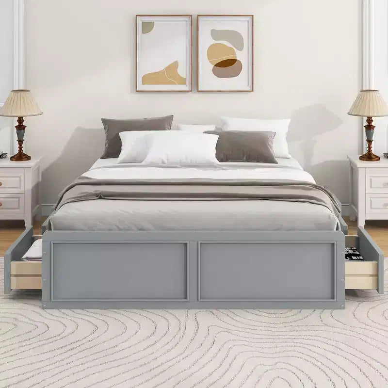 Lits Queen avec 6 tiroirs de rangement, Cadre de lit plateforme Queen en bois rustique sans tête de lit, Gris