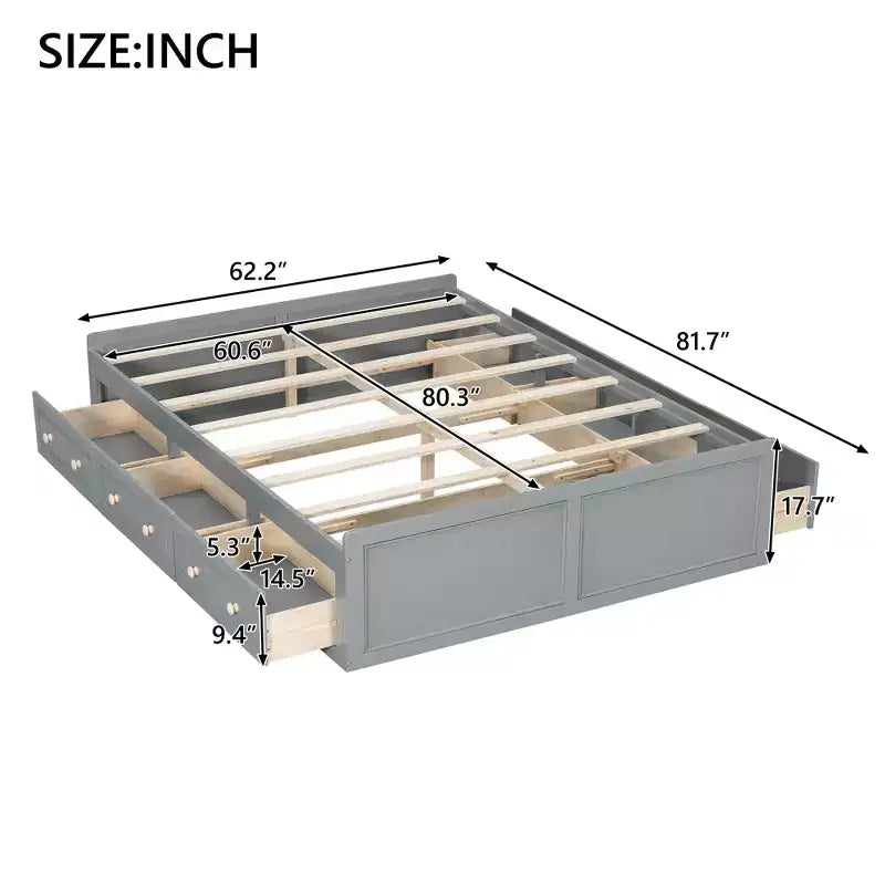 Lits Queen avec 6 tiroirs de rangement, Cadre de lit plateforme Queen en bois rustique sans tête de lit, Gris