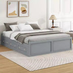 Lits Queen avec 6 tiroirs de rangement, Cadre de lit plateforme Queen en bois rustique sans tête de lit, Gris
