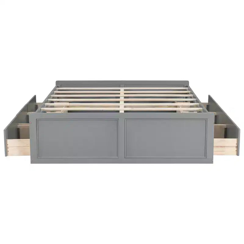 Lits Queen avec 6 tiroirs de rangement, Cadre de lit plateforme Queen en bois rustique sans tête de lit, Gris