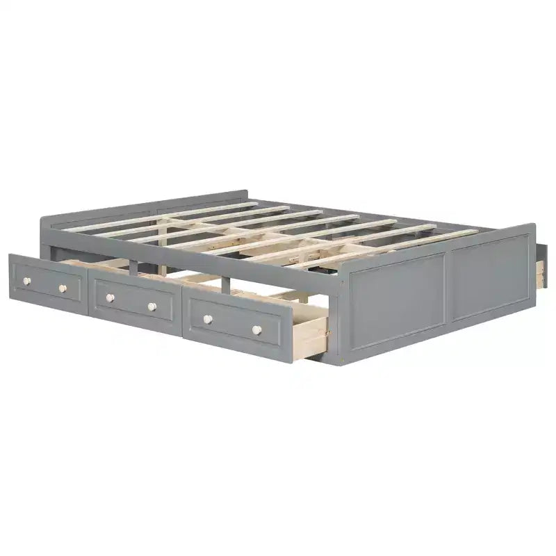 Lits Queen avec 6 tiroirs de rangement, Cadre de lit plateforme Queen en bois rustique sans tête de lit, Gris