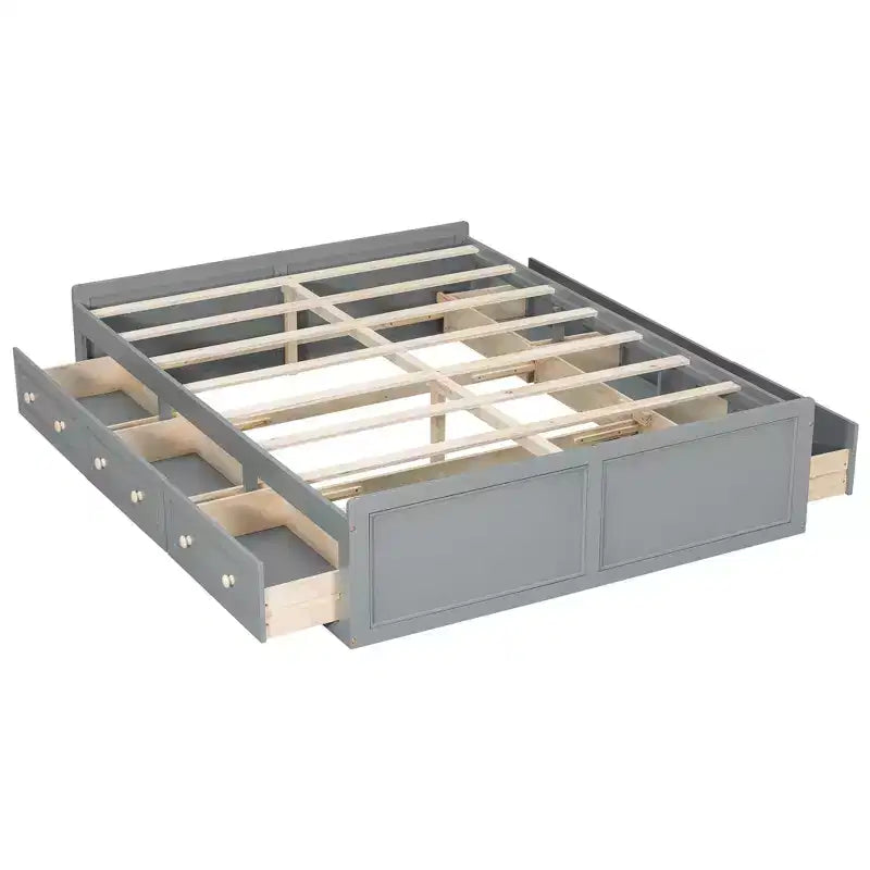Lits Queen avec 6 tiroirs de rangement, Cadre de lit plateforme Queen en bois rustique sans tête de lit, Gris