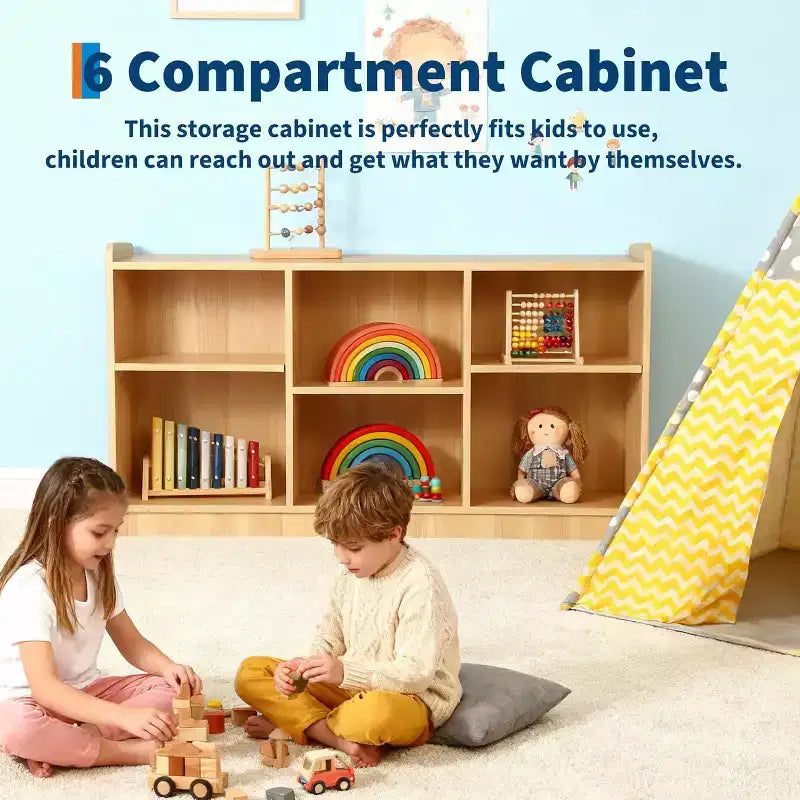 Meuble de rangement 6 compartiments pour jouets et livres avec séparateurs réglables, bibliothèque pour enfants en finition naturelle pour salles de jeux et salles de classe