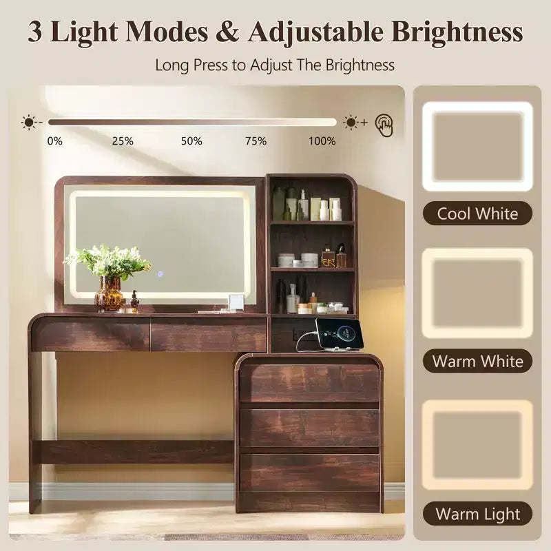 Coiffeuse avec miroir LED 35,4 et lumières, table de maquillage moderne avec station de charge et étagères réglables