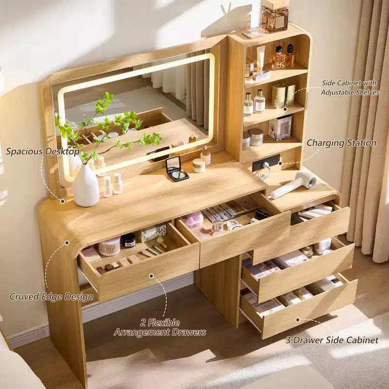 Coiffeuse avec miroir LED 35,4 et lumières, table de maquillage moderne avec station de charge et étagères réglables