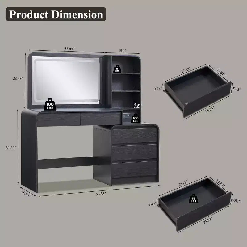 Coiffeuse avec miroir LED 35,4 et lumières, table de maquillage moderne avec station de charge et étagères réglables