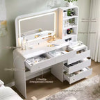 Coiffeuse avec miroir LED 35,4 et lumières, table de maquillage moderne avec station de charge et étagères réglables