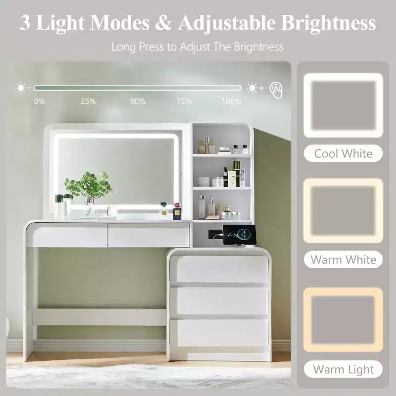 Coiffeuse avec miroir LED 35,4 et lumières, table de maquillage moderne avec station de charge et étagères réglables