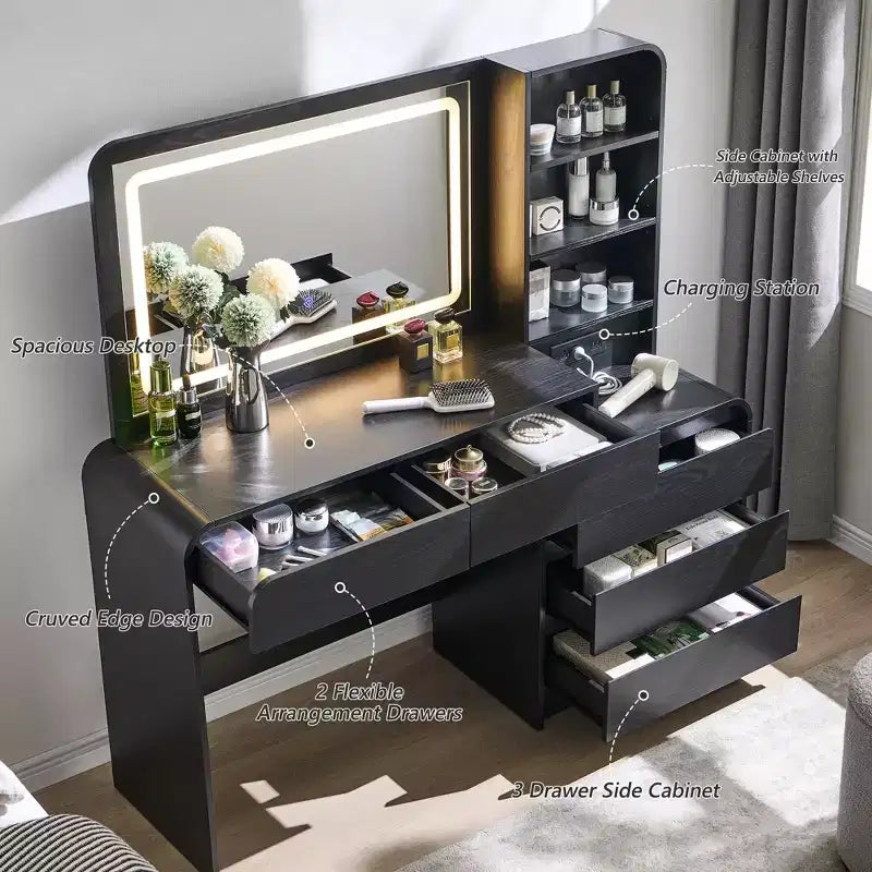 Coiffeuse avec miroir LED 35,4 et lumières, table de maquillage moderne avec station de charge et étagères réglables