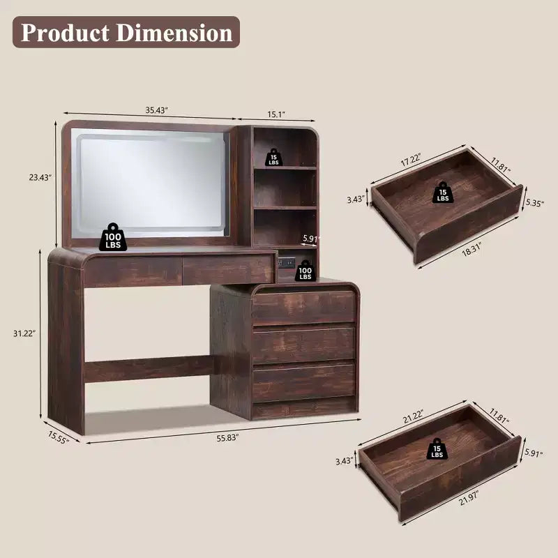 Coiffeuse avec miroir LED 35,4 et lumières, table de maquillage moderne avec station de charge et étagères réglables