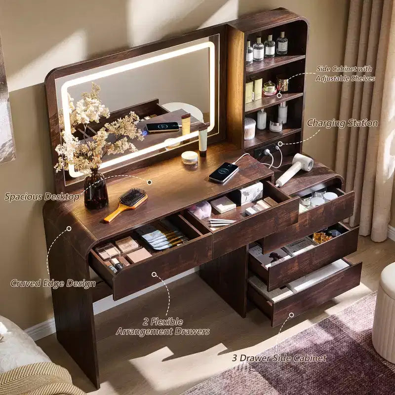 Coiffeuse avec miroir LED 35,4 et lumières, table de maquillage moderne avec station de charge et étagères réglables