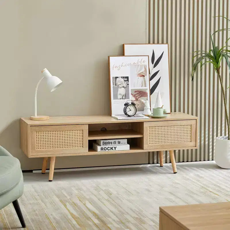JVNOXK 35.5-inch rattan TV stand with double sliding doors for easy storage and adjustable shelves, natural color
