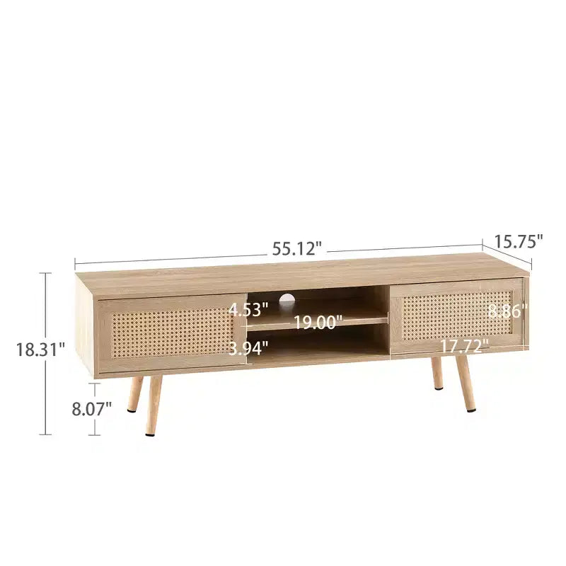 Meuble TV en rotin JVNOXK de 35,5 pouces avec deux portes coulissantes pour un rangement facile et des étagères réglables, couleur naturelle