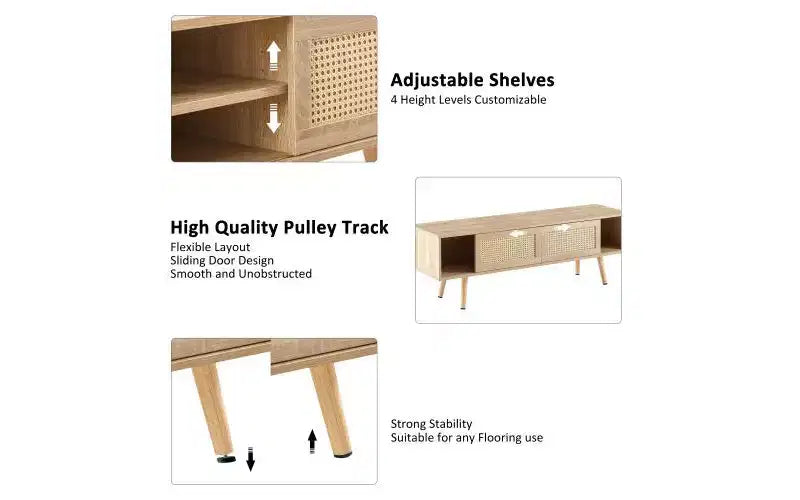 Meuble TV en rotin JVNOXK de 35,5 pouces avec deux portes coulissantes pour un rangement facile et des étagères réglables, couleur naturelle