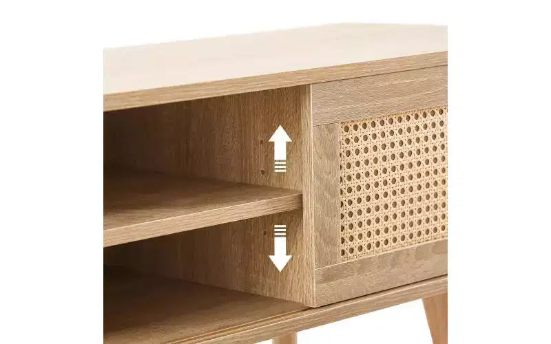 Meuble TV en rotin JVNOXK de 35,5 pouces avec deux portes coulissantes pour un rangement facile et des étagères réglables, couleur naturelle