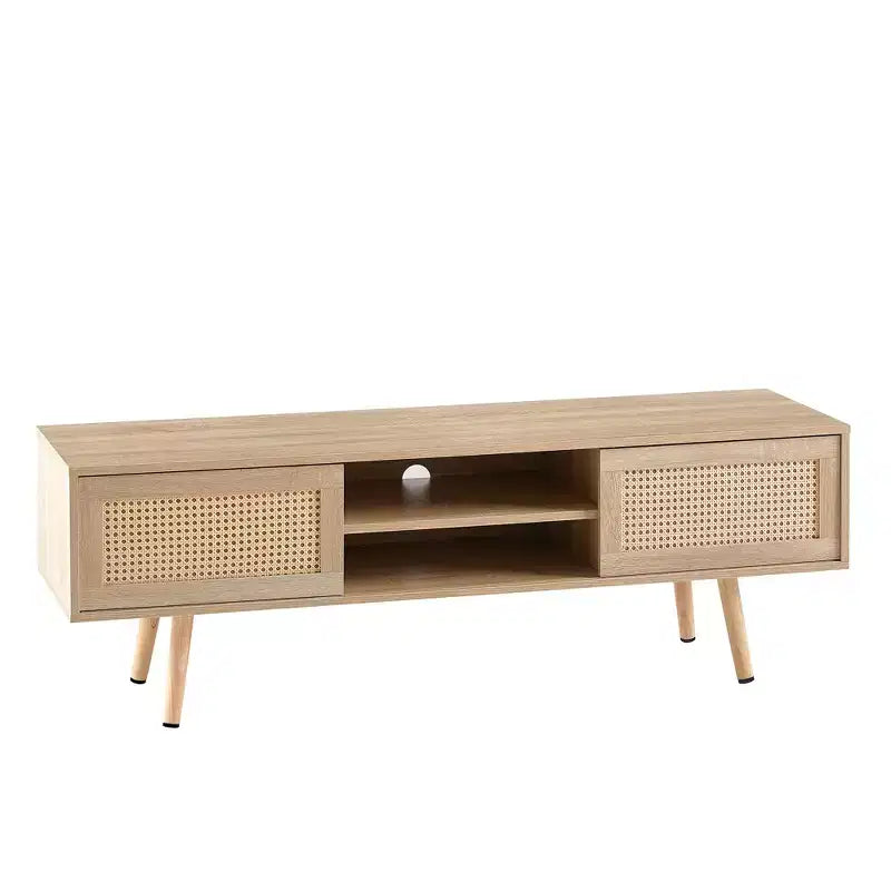 Meuble TV en rotin JVNOXK de 35,5 pouces avec deux portes coulissantes pour un rangement facile et des étagères réglables, couleur naturelle