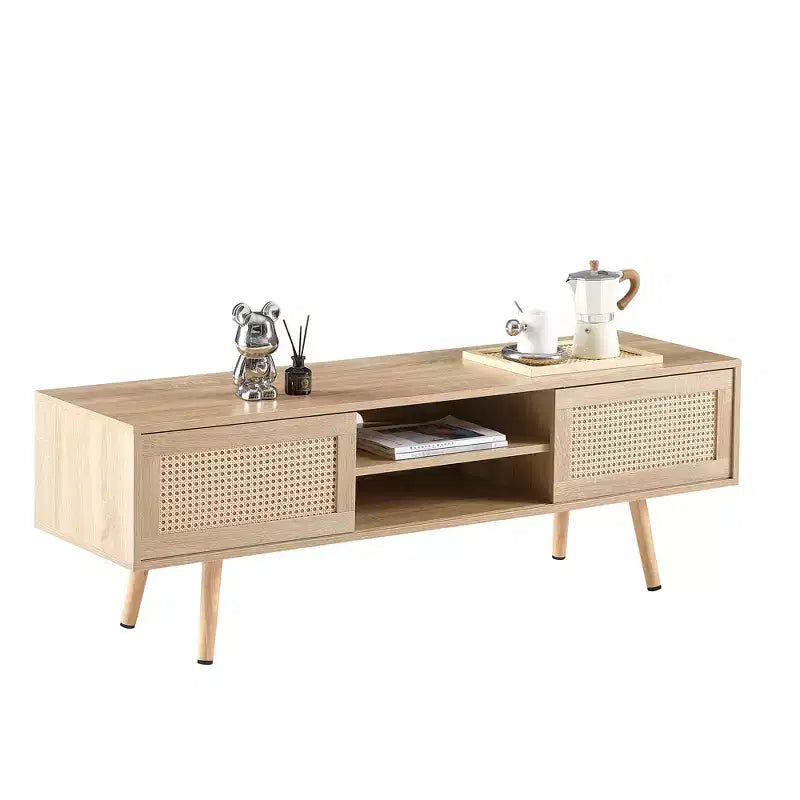 Meuble TV en rotin JVNOXK de 35,5 pouces avec deux portes coulissantes pour un rangement facile et des étagères réglables, couleur naturelle