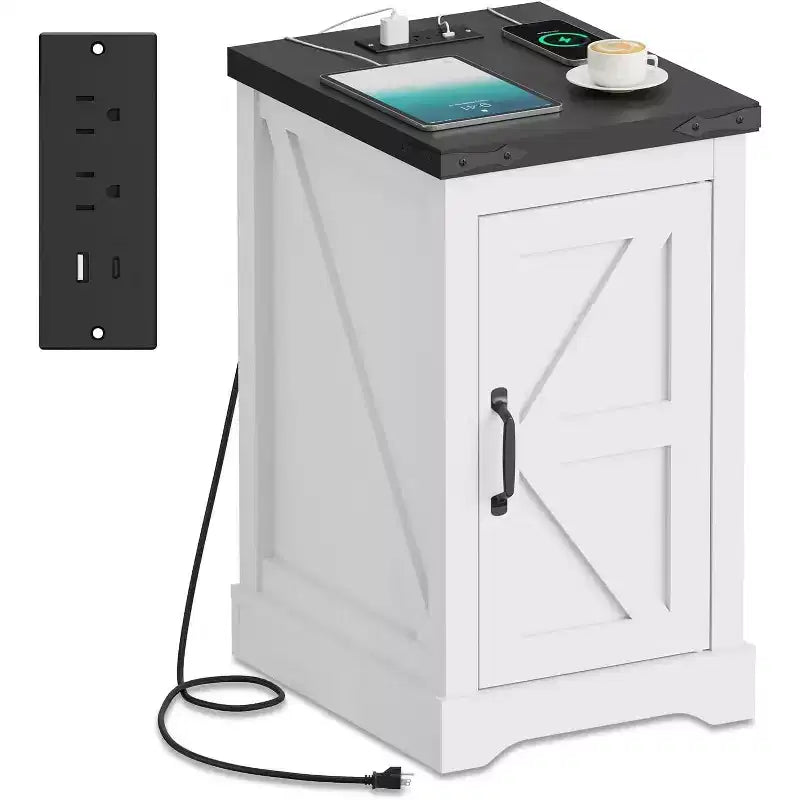 Table de chevet industrielle avec station de charge, Table de nuit de style ferme pour chambre moderne, Ports USB et prises de courant