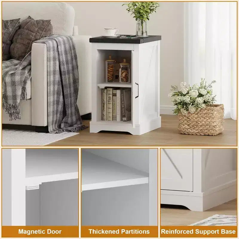 Table de chevet industrielle avec station de charge, Table de nuit de style ferme pour chambre moderne, Ports USB et prises de courant
