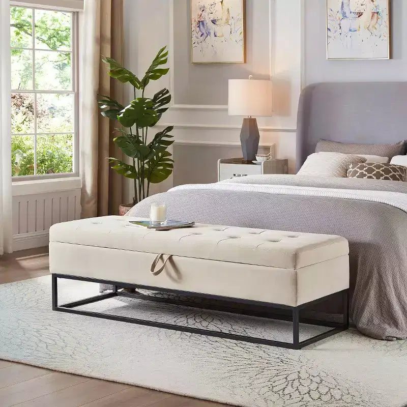 MAYEERTY 58.6 Storage Bed Bench, Uphollstered Bench with Metal Base for Bedroom Living Room Hallway Beige