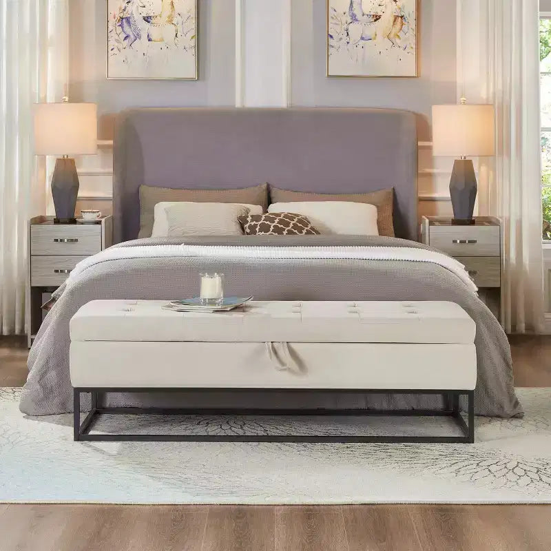 MAYEERTY 58.6 Banc de rangement, banc rembourré avec base en métal pour chambre à coucher, salon, couloir, beige