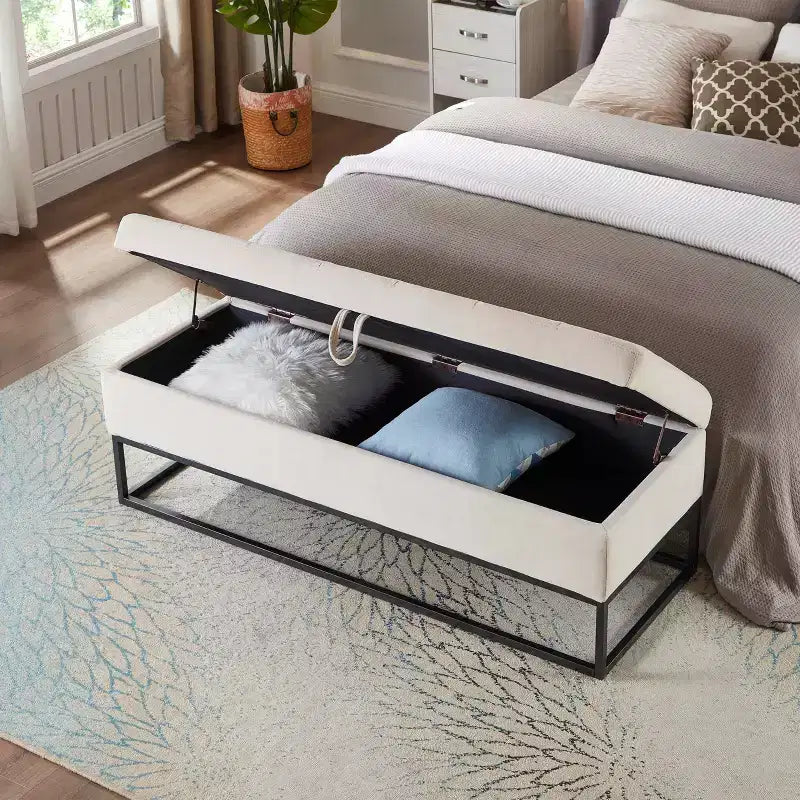 MAYEERTY 58.6 Banc de rangement, banc rembourré avec base en métal pour chambre à coucher, salon, couloir, beige