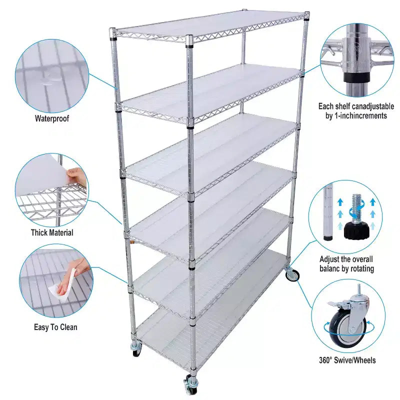 Étagère métallique VIYET à 6 niveaux 6000 lb, certifiée NSF, rayonnage de rangement robuste et réglable avec roulettes et tapis d'étagère (Chrome)
