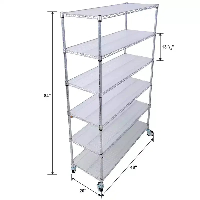 Étagère métallique VIYET à 6 niveaux 6000 lb, certifiée NSF, rayonnage de rangement robuste et réglable avec roulettes et tapis d'étagère (Chrome)