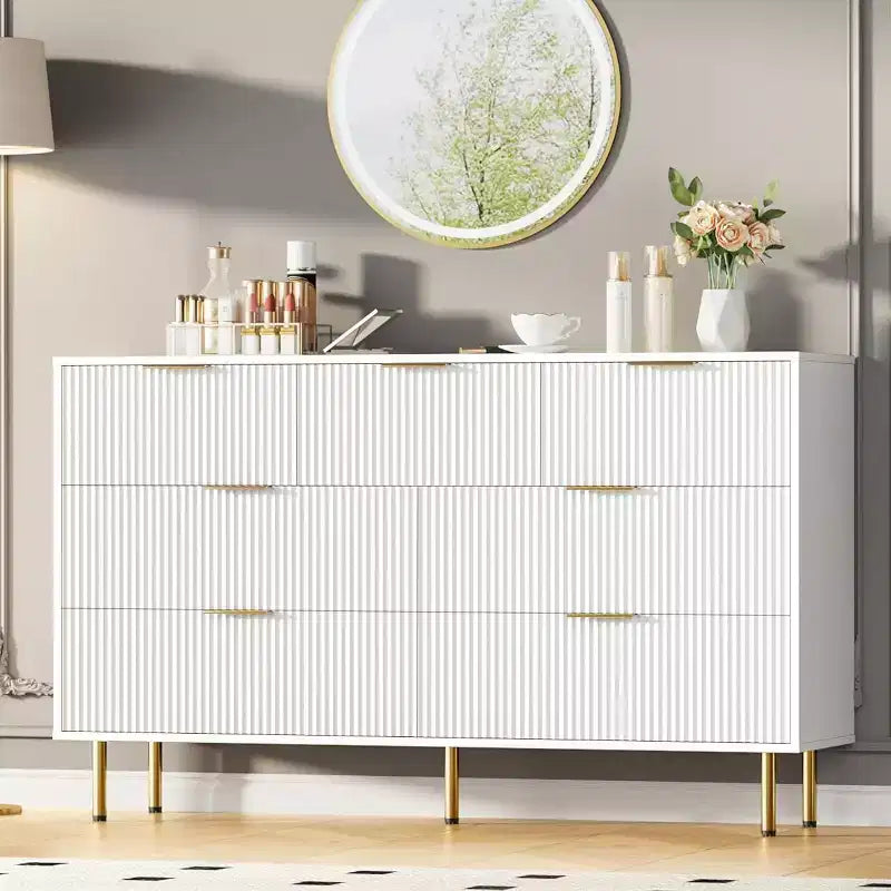 COZONY Commode 7 Tiroirs 140 cm de Large, Commode Double en Bois Cannelé avec Poignées Métalliques pour Chambre, Salon, Couloir