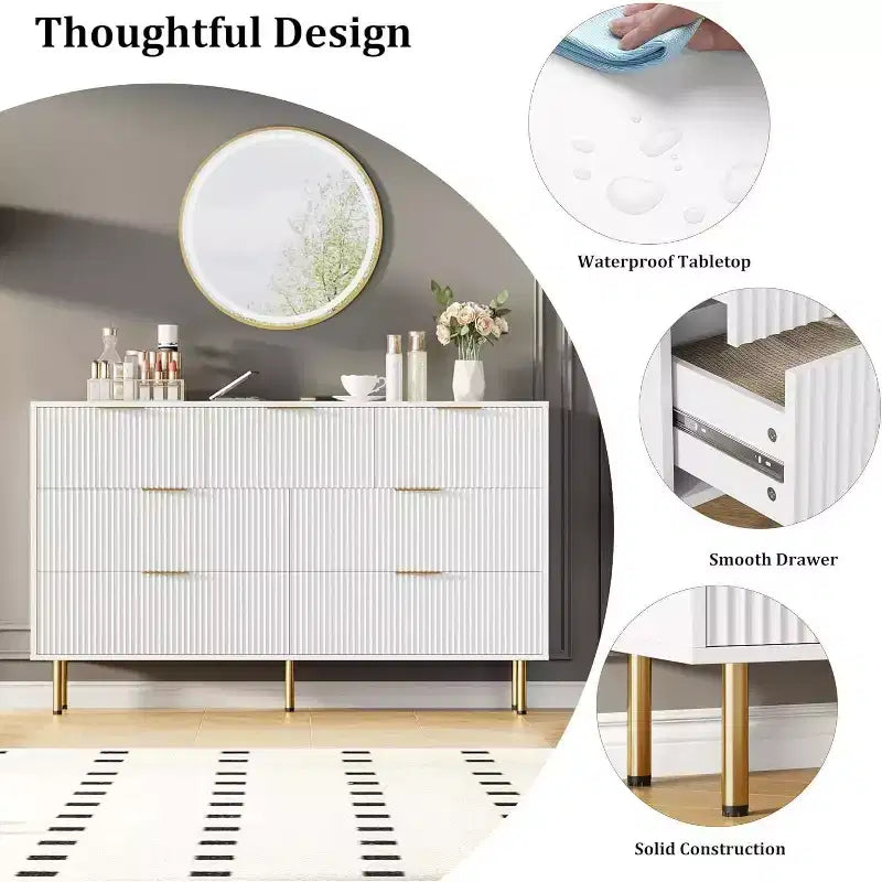 COZONY Commode 7 Tiroirs 140 cm de Large, Commode Double en Bois Cannelé avec Poignées Métalliques pour Chambre, Salon, Couloir