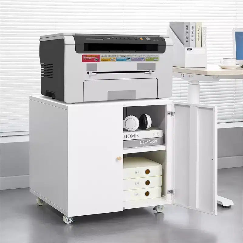 VIYET 23.6x23.6x23.6 Support d'imprimante mobile en métal, meuble de rangement avec étagère réglable et roulettes verrouillables (Blanc)