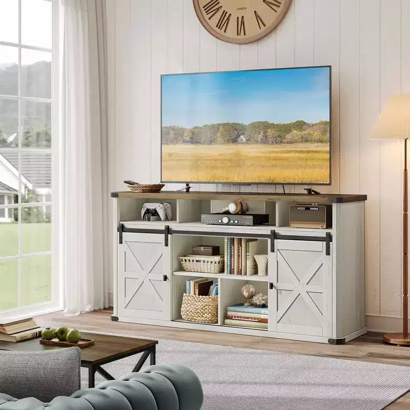 Meuble TV VASAGLE pour téléviseurs jusqu'à 65 pouces, console TV de style ferme, 2 portes coulissantes de grange, pour salon