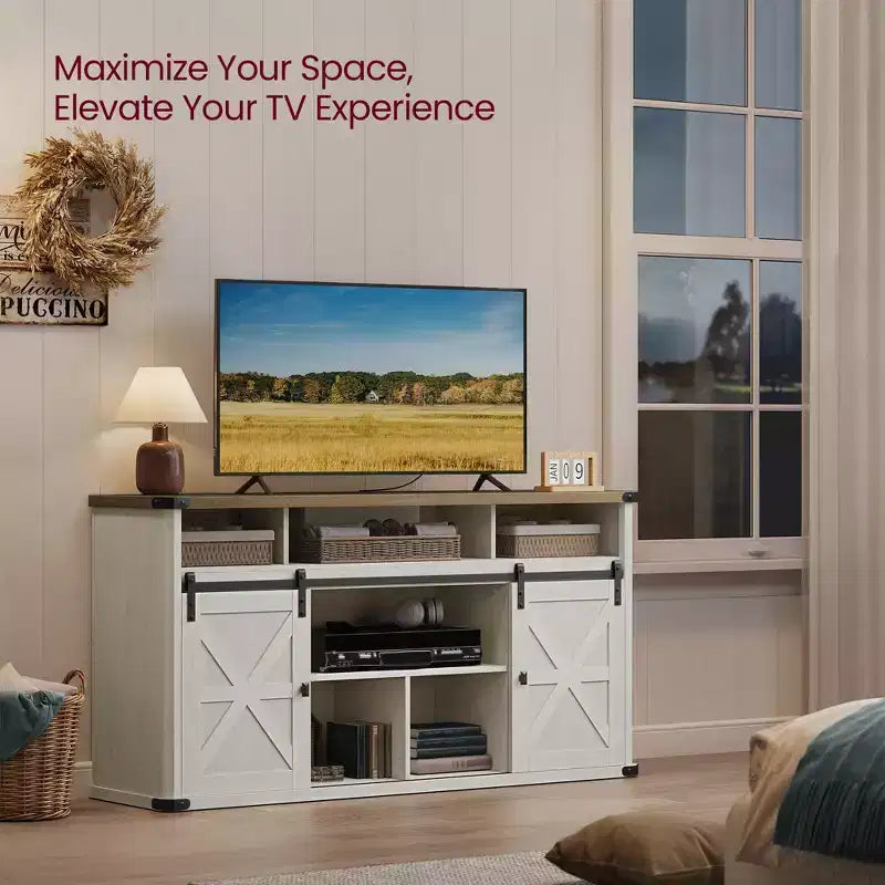 Meuble TV VASAGLE pour téléviseurs jusqu'à 65 pouces, console TV de style ferme, 2 portes coulissantes de grange, pour salon