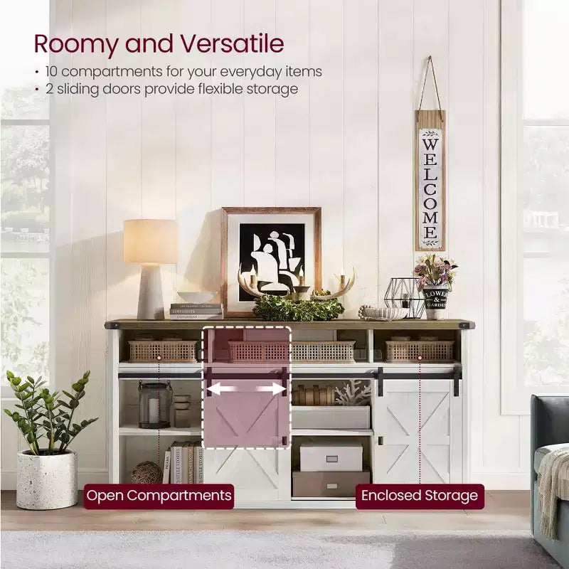 Meuble TV VASAGLE pour téléviseurs jusqu'à 65 pouces, console TV de style ferme, 2 portes coulissantes de grange, pour salon
