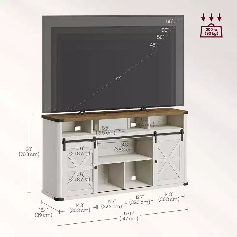 Meuble TV VASAGLE pour téléviseurs jusqu'à 65 pouces, console TV de style ferme, 2 portes coulissantes de grange, pour salon